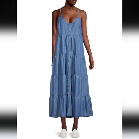 HEROES & DREAMERS​  Tencel Chambray Denim Tiered Midi Dress Size L - Picture 10 of 10